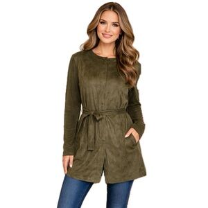 H by Halston, Olive Green faux suede knit sleeves Women's Belted Jacket, size 16